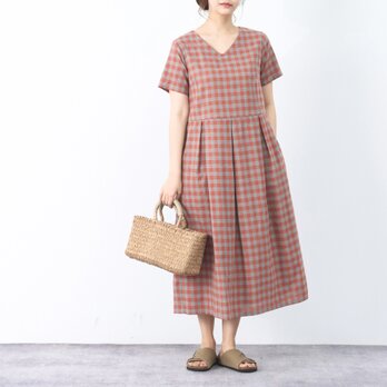 新作**チェック柄　コットン　Vネック　ウェストタックワンピース ♪オーダーサイズ可の画像
