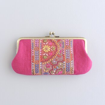 インド刺繍リボンのがま口ポーチ/ペンケース　ピンク