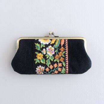 インド刺繍リボンのがま口ポーチ/ペンケース　ブラック