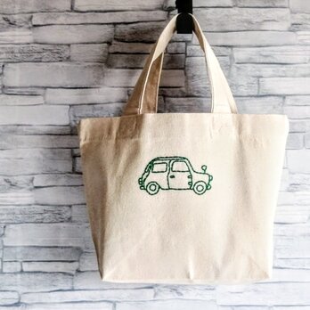 バスの刺繍　ミニトートバッグ　ランチバッグ　手提げ　生成り　コットン　帆布　Sサイズ　オーダーメイド　名入れの画像