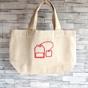 ティーバッグの刺繍　ミニトートバッグ　Sサイズ　生成り　帆布　コットン　手提げ　ランチバッグ　名入れの画像