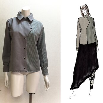 【1点もの・デザイン画付き】2種素材（ストレッチツイル＆T/C先染め）アシメトリーブラウス（KOJI TOYODA）の画像