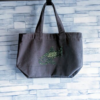 【刺繍】ミニトートバッグ　ジンベイザメとぷくぷく泡と4色の四角　グレー　Sサイズ　帆布　コットン　オーダーメイド　名入れの画像