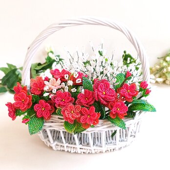 94 つるバラ畑とかすみそう　ビーズフラワー　薔薇 ローズ　ばら　カスミソウ　赤　結婚　インテリア　プレゼント　贈り物　ギフトの画像