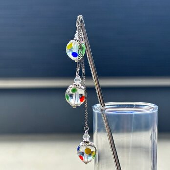 かんざし　クリアカラーのカラフル水玉とんぼ玉ビーズ３連簪　涼しげ　夏　一本挿し　一本簪　ガラス　赤青黄色緑　の画像