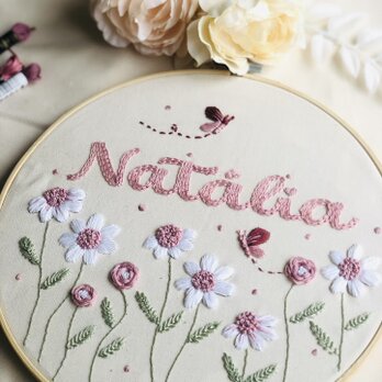 ラウンドフレーム付き刺繍ネームブック カスタムメイドネームプレート 誕生プレートの画像
