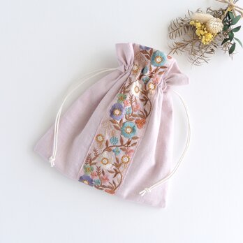 インド刺繍リボンの巾着ポーチ  　ピンク