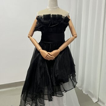 憧れのドレス カラードレス ブラック ラッフルフリル ベアトップ ミニワンピース 抜群のおしゃれ見えの画像