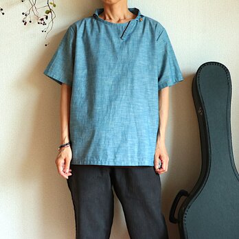 ナナメライン襟チョコンプルオーバー(水色/綿/半袖/unisex S/M)※受注制作の画像