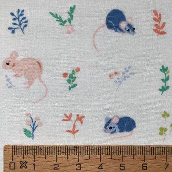 アメリカBirch プリント生地 Kitty Garden 子ネズミたちと花 ブルー 【20cm切り売り】 マウス フラワー 鼠の画像