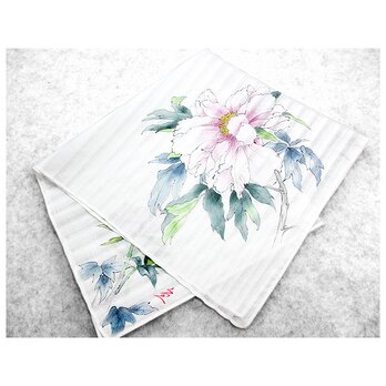綿ハンカチ（牡丹の花）（縞織り）（白色）の画像