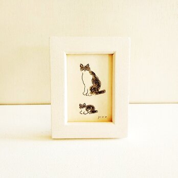 原画「猫の親子」※木製ミニ額縁入り　　イラスト・猫の絵・アクリル画・小さい絵の画像