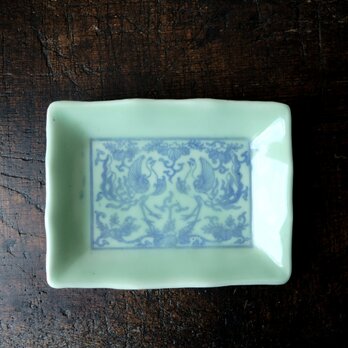 青磁で素敵◆向かい合う鳳凰　瀬戸焼　双鳥文青磁印判平皿　骨董/ antiques 器　古民家　明治時代の画像