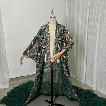 チュール打掛　着物　オーバードレス　花モチーフ羽織　ウエディングドレス　深めな緑 うす衣 花嫁和装 色打掛の画像