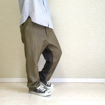 衿付きパンツ004 / ウールリネンでカーキにチャコールの画像