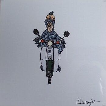 切り絵「ハシビロコウスーパーカブに乗る」の画像