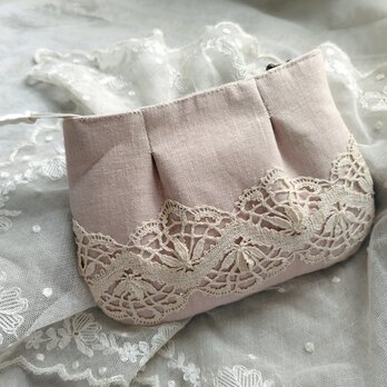 ピンクベージュリネン*アンティークレース*タックポーチ