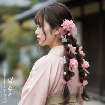 成人式　卒業式　結婚式　ウェディング　リボンアレンジ　ヘッドドレス　髪飾り　和装　袴　振袖　ツインテール　OHANA