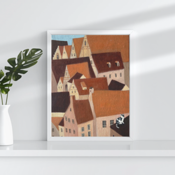 赤い屋根と猫 Oil on canvas（送料無料）の画像