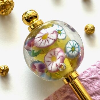 かんざし　朝顔の様なカラフルとんぼ玉　飴　一本挿し　一本簪　七色　虹色　クリア　透明　トンボ玉　蜻蛉玉　水色　ピンクの画像