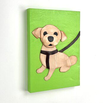 レザーのコラージュアート（SMALL DOG） 革 A5サイズ 木製パネル 一点物の画像