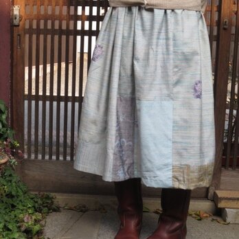 着物リメイク☆染と織りの美しい春色紬でふんわり74cm丈の画像