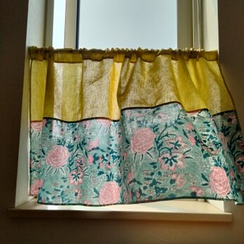 ♥インドのハンドブロックプリント♥ピスタチオイエローとミントグリーンフラワー♥2段パッチカフェカーテンの画像