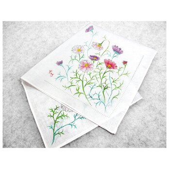 綿ハンカチ（薄緑色のピコ刺繍付き）（コスモス）（白色）の画像