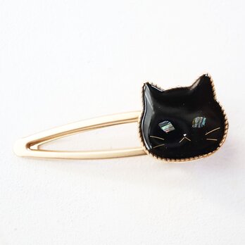 ウルウルおめめの猫ヘアクリップ（クロネコさん）ブラック・螺鈿風・黒猫・マルチクリップの画像