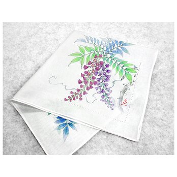 綿ハンカチ（薄ピンク色のピコ刺繍付き）（藤の花）（白色）の画像