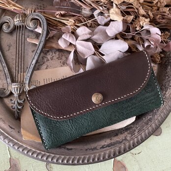 栃木レザーバイカラー長財布＊Dark Choco×Greenの画像
