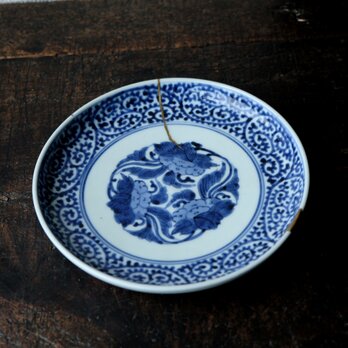 金継ぎが素敵◆古伊万里　花文蛸唐草染付中皿　骨董・antiques 器　丁寧な暮らしに　金直し　江戸期の画像