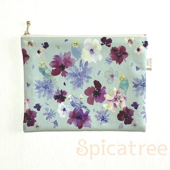 オリジナル柄布ポーチ「花とセキセイインコ」