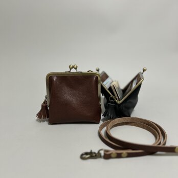 姫路レザーminiがま口ポシェット◆焦げ茶　カード入れ　名刺入れ　革財布　サコッシュ　ポーチの画像
