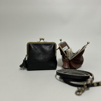 姫路レザーminiがま口ポシェット◆黒　カード入れ　名刺入れ　革財布　サコッシュ　ポーチの画像