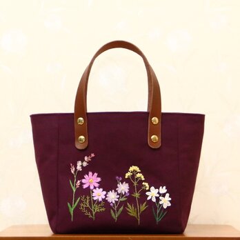 帆布のミニトートバッグ　野の花刺繍　ダークパープルの画像