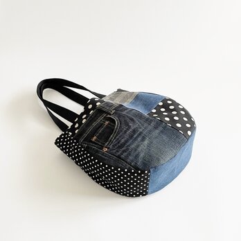 肩掛けできるデニムパッチワークバッグ ドット グレンチェック モノトーン A4