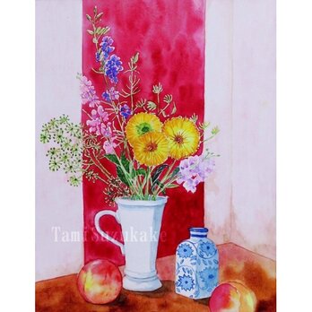 水彩画・原画「赤いタペストリーと金盞花」の画像