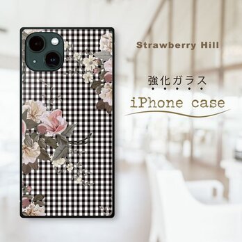 花柄 ️ ギンガムチェック 強化ガラスケース iPhone ケースの画像