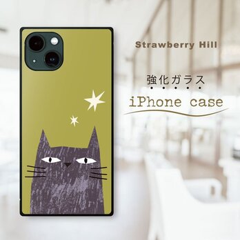 毎晩やってくる 黒猫 の イラスト 強化ガラスケース iPhone ケースの画像