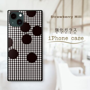ギンガムチェック ️ ランダム な ドット  強化ガラスケース iPhone ケースの画像