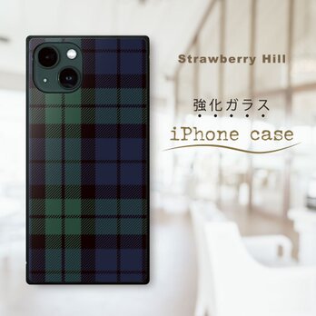 チェック柄 タータンチェック ネイビー  強化ガラスケース iPhone ケースの画像