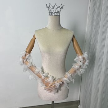 送料無料！ウエディンググローブ 花モチーフ ビーズ 可愛い シャンパン色 花嫁/ウェディングドレスの画像
