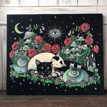 「ねこつむり恋人達の休息」F8サイズ アート作品 原画 徳島洋子作品 アクリル画の画像