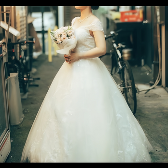実例写真！ウェディングドレス オフショルダー プリンセスライン ふわふわドレス 結婚式 前撮りの画像