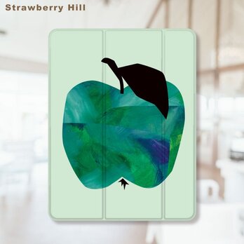 青 リンゴ の イラスト 北欧 水彩  iPad カバー ケース ペン収納 軽量 背面クリアの画像