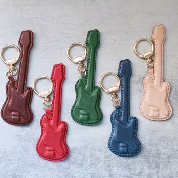 【本革手作り】立体ギター型チャーム キーリング キーホルダー 音楽好きにぴったり！の画像
