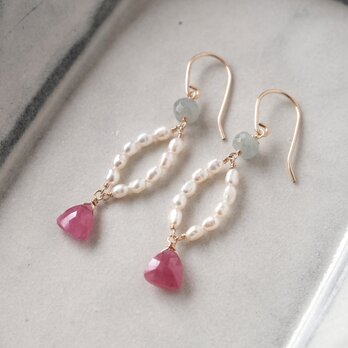 【★SALE】ピンクサファイアと淡水パール&グレーサファイアのピアス・イヤリング変更可の画像