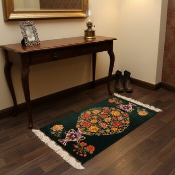 ペルシャ絨毯 イラン産 クム  タバタバイ工房  73x45cm　バラ 花柄 グリーン NT14058