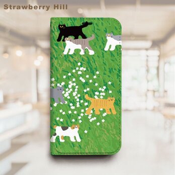 原っぱ 猫 ベルトなし 帯なし ベルトレス 手帳型 iPhone スマホ ケース カバーの画像